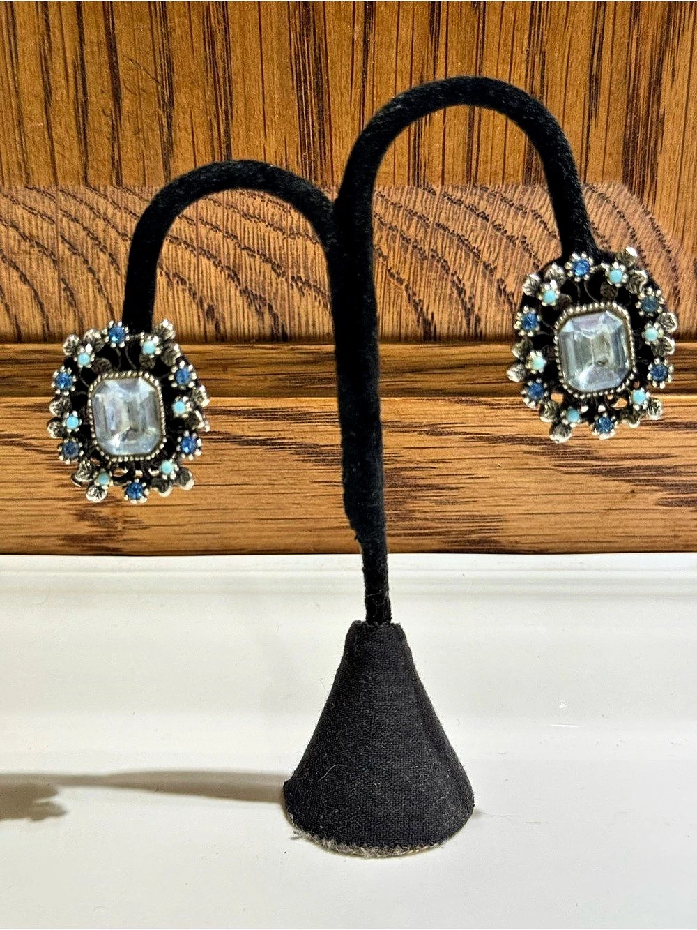 Vintage Ice Blue Glass Ornate Earrings